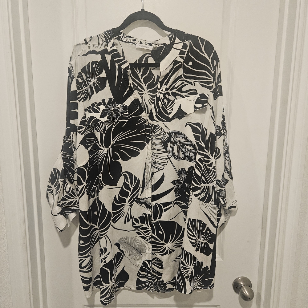 Calvin Klein White And Black Leaf Print Button Down Size 3x